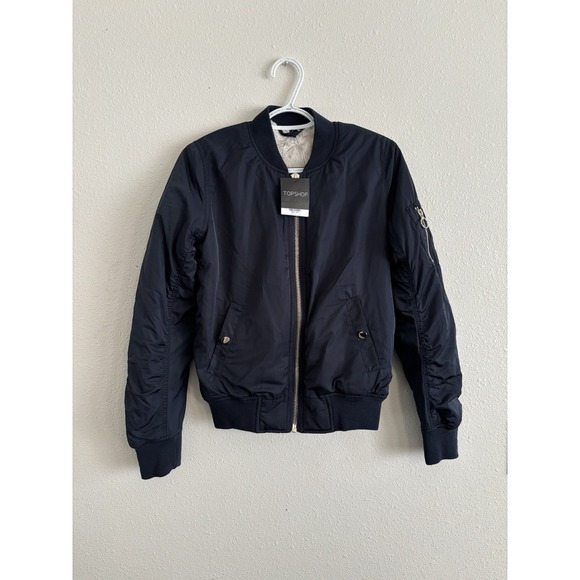 Topshop Jackets & Blazers - Topshop Navy Bomber Jacket‎ With Faux Fur Lining Size 2